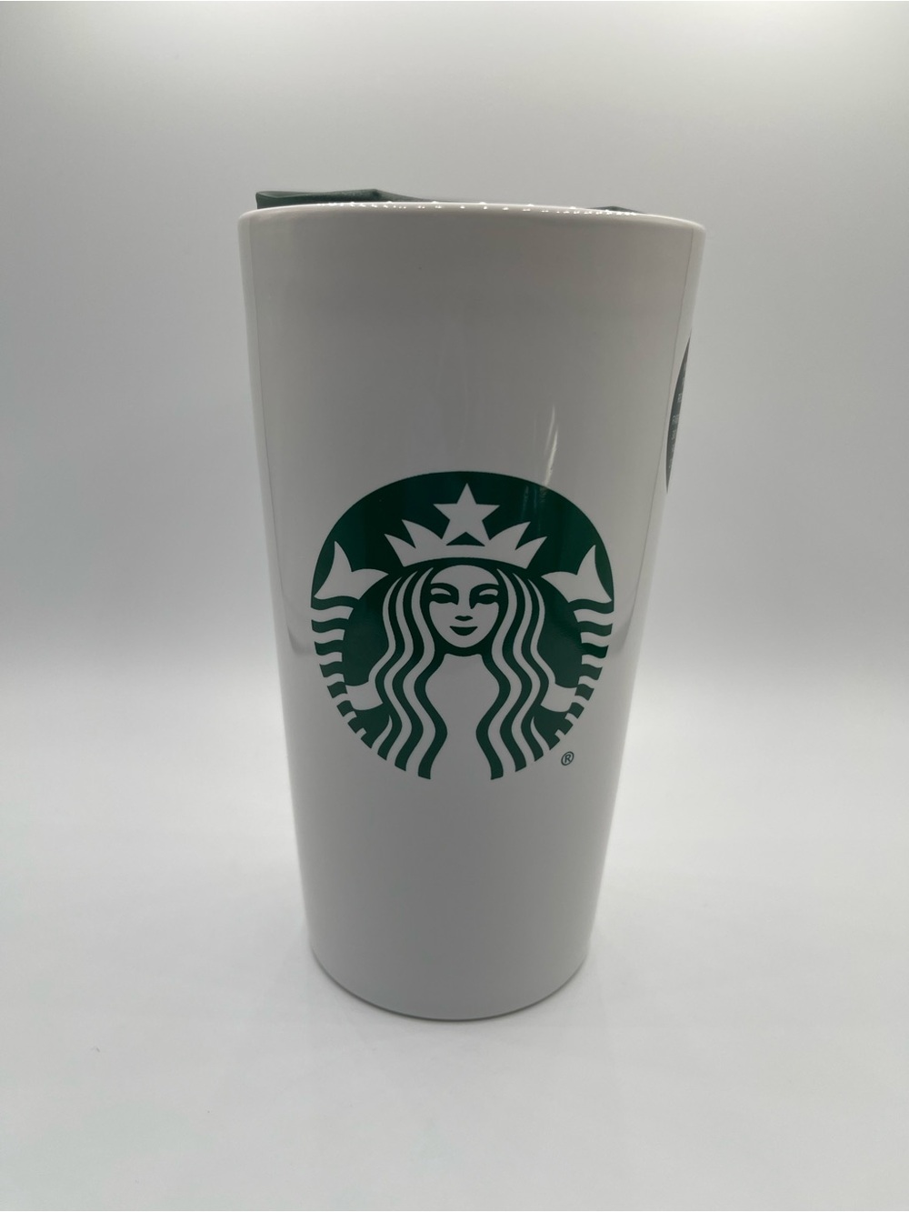 Starbucks White Ceramic Travel Cup with Green Lid Accent